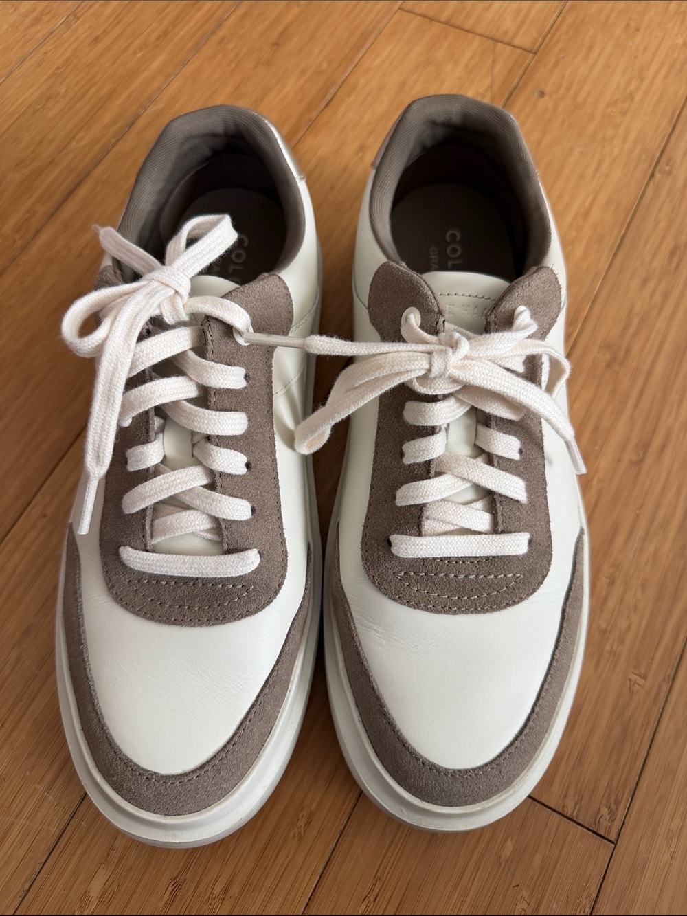 Cole Haan White and Taupe Leather & Suede Women’s Sneakers